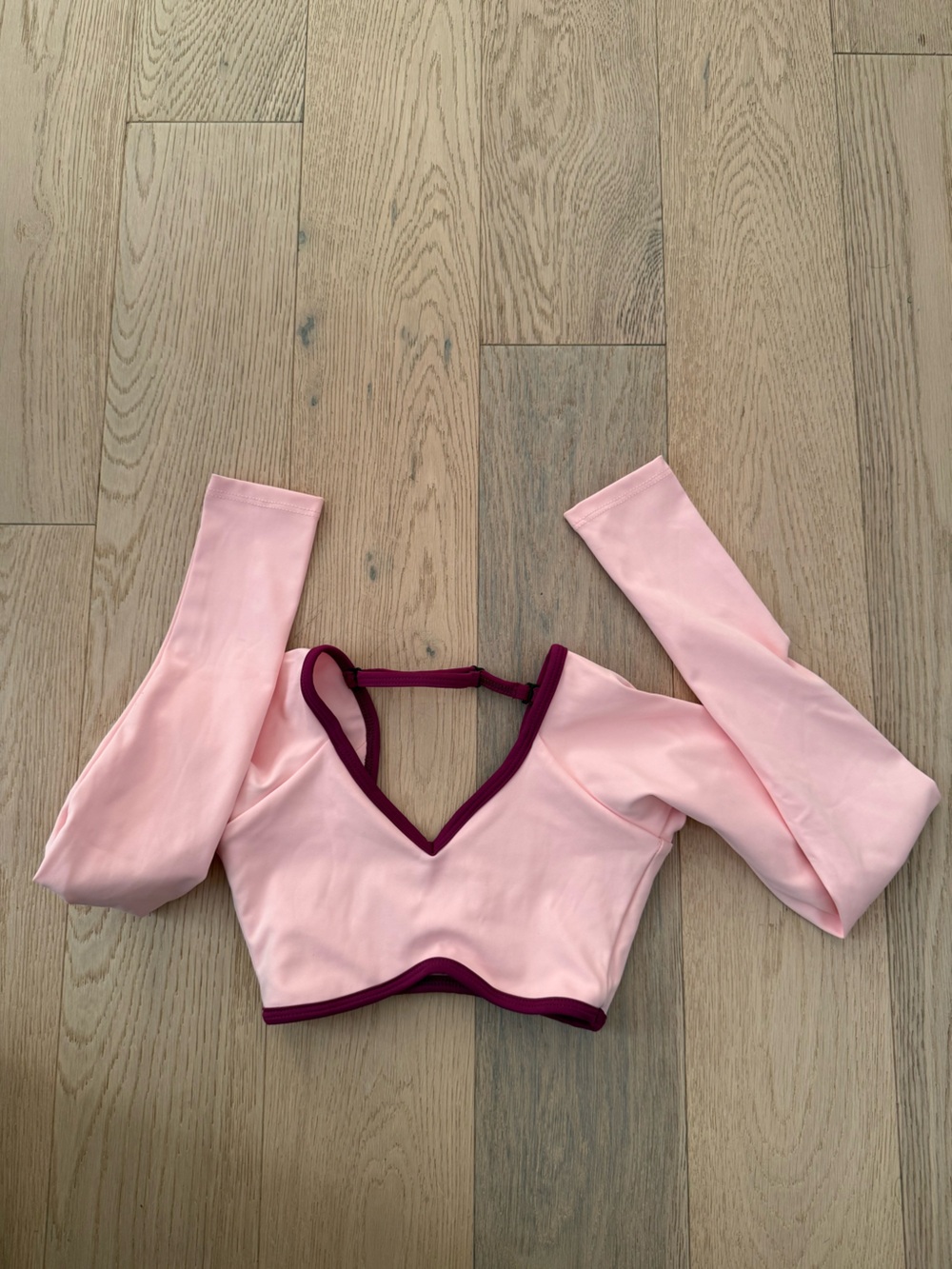 Tiger Friday CL Light Pink Long-Sleeve Crop Top with Burgundy Trim